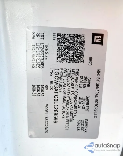 2020 Chevrolet Express G2500 from USA, damaged, VIN 1GCWGAFG6L1268596